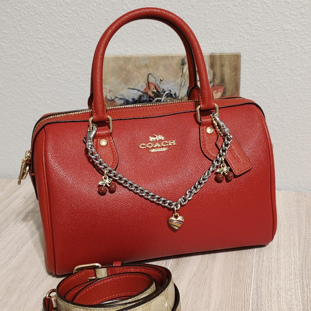 Coach Rowan Satchel Bag Purse Red Leather Crossbody CH322 + Swagger Chain Charms - Picture 9 of 16